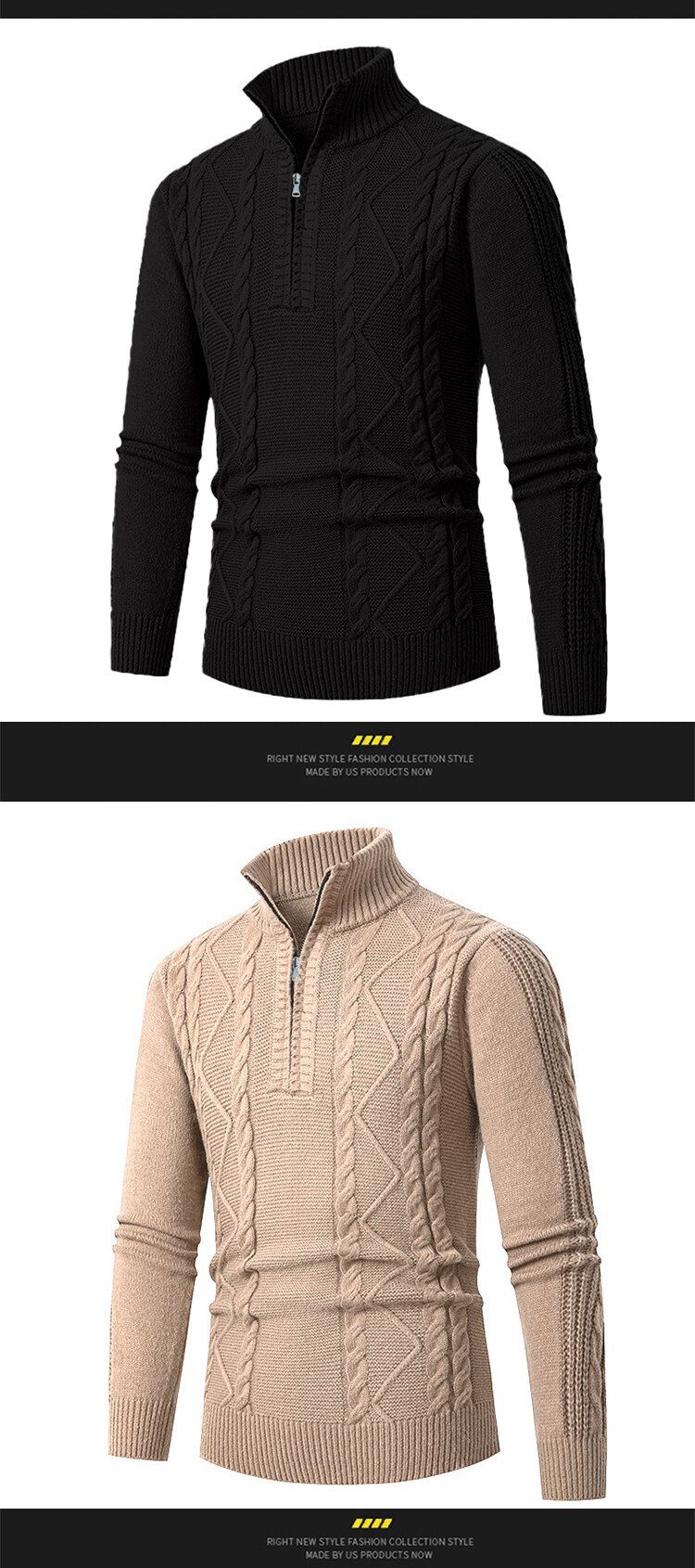 Maglione casual a maniche lunghe con mezza zip, in maglia lavorata a trecce, da uomo, per l'inverno (nero, grigio scuro, caffè, cachi)_voghion.com