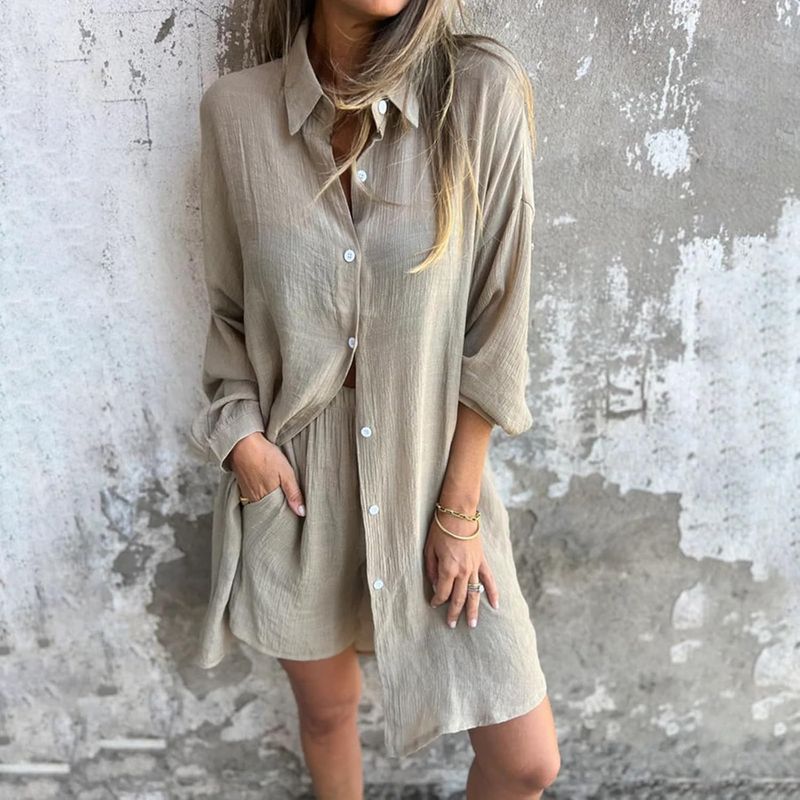 Completo casual da donna, estivo, in 2 pezzi, con camicie abbottonate, top con coulisse, pantaloncini in lino e costume da bagno largo da donna._voghion.com