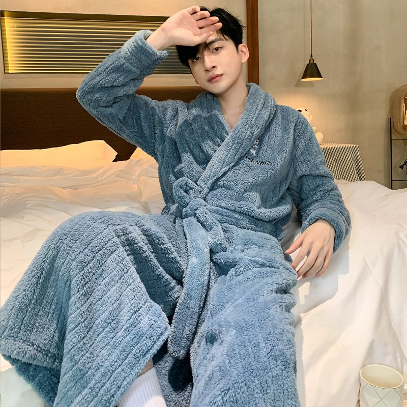 Herren-Pyjamas aus Korallenfleece, dick gefütterter Fleece-Bademantel in großen Größen, Herren-Loungewear-Morgenmäntel_voghion.com