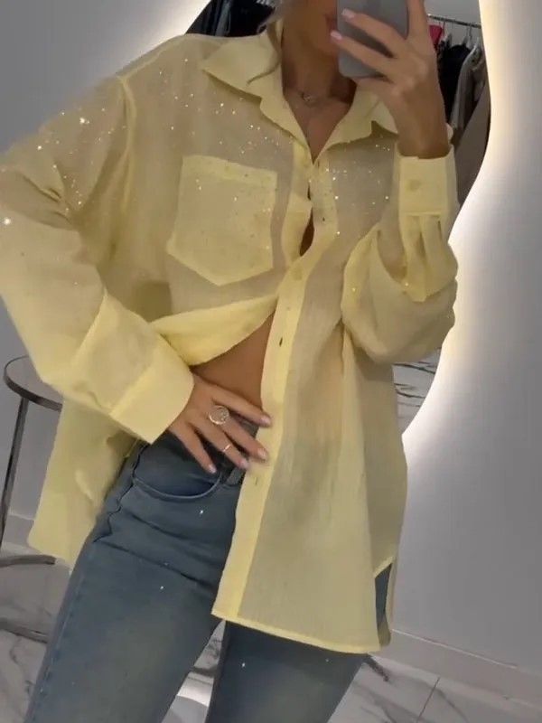 Blusa holgada de gasa con lentejuelas 3D para mujer: camisa de manga larga con abertura frontal para uso casual y urbano._voghion.com