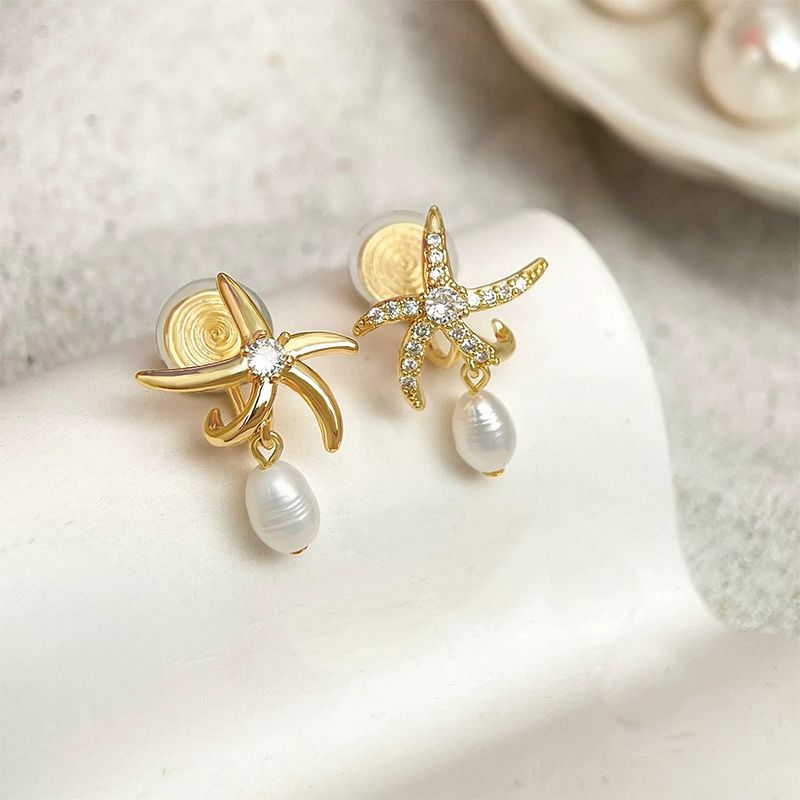Light Luxury High-End Thick Gold-Plated Starfish Zircon Stud Earrings - Sterling Silver Posts For Women’s Ocean-Inspired Style_voghion.com