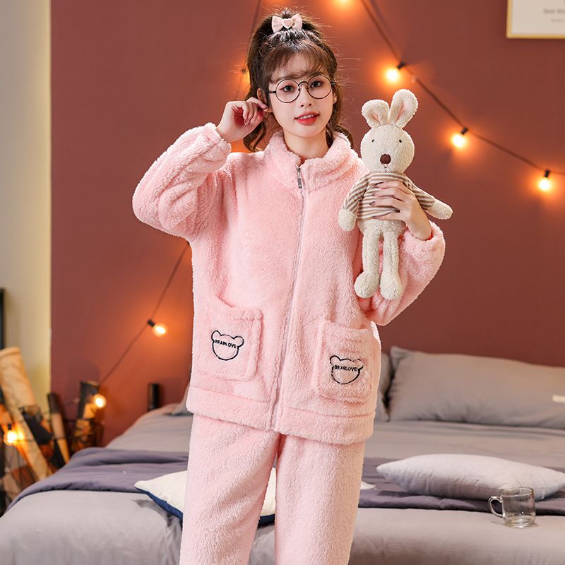 Long haired pajamas for girls in winter, sweet zipper cardigan, long sleeved pants, size 230 pounds plus M home clothes_voghion.com
