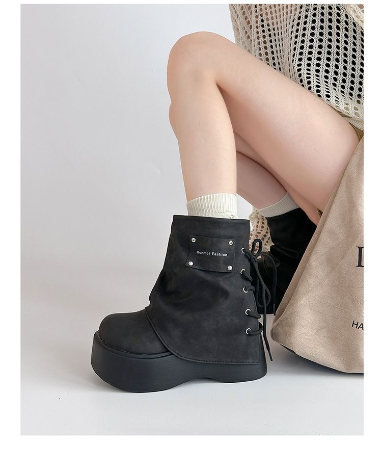 Bottes Martin d'équitation à lacets et semelles épaisses pour femme, courtes, à bout large, pour l'automne et l'hiver_voghion.com