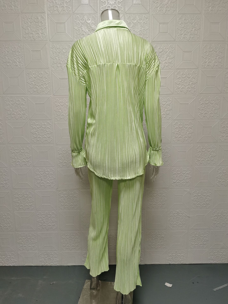 Set di due pezzi, camicia cardigan a maniche lunghe plissettata a maniche lunghe da donna per la primavera e l'autunno, top con spacco e pantaloni_voghion.com