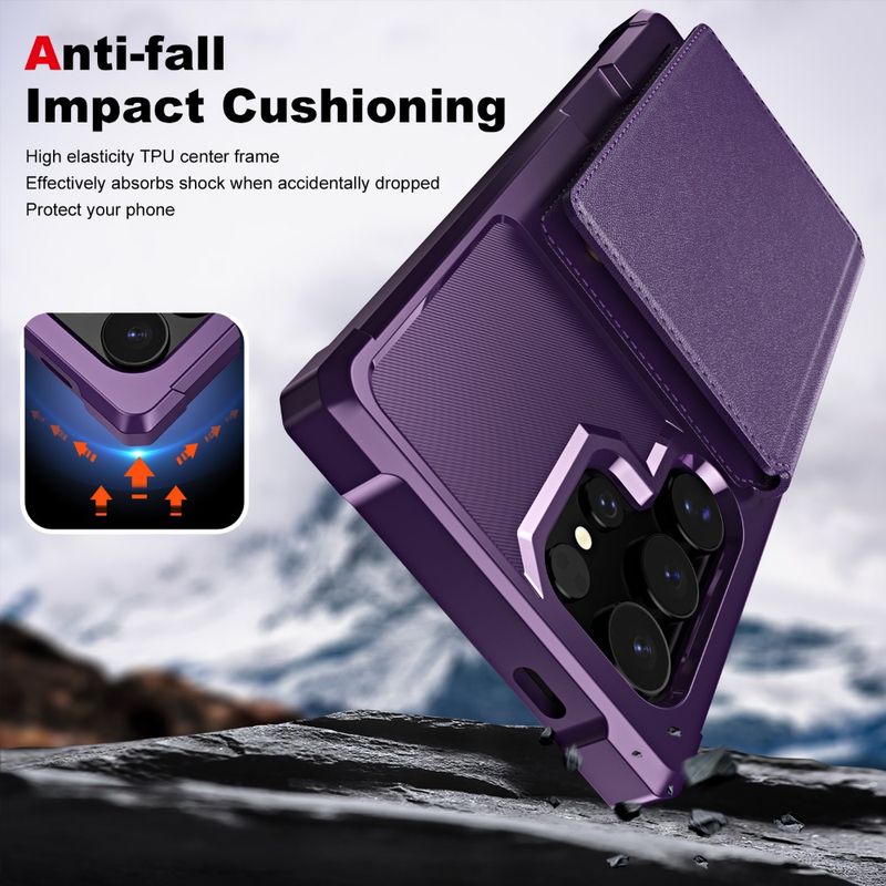 Flip Cards Slot Holder rahakotiga telefoniümbris Samsung Galaxy S24 Ultra Plus'ile + alus, põrutuskindel PU nahast tagakaas_voghion.com