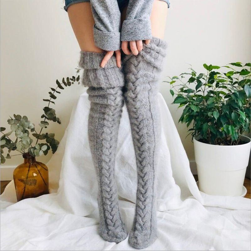 Calza scaldapiedi in lana transfrontaliera Calza sopra il ginocchio europea e americana Autunno e inverno Colore unito Calza Calza Calza spessa Calzino da donna_voghion.com