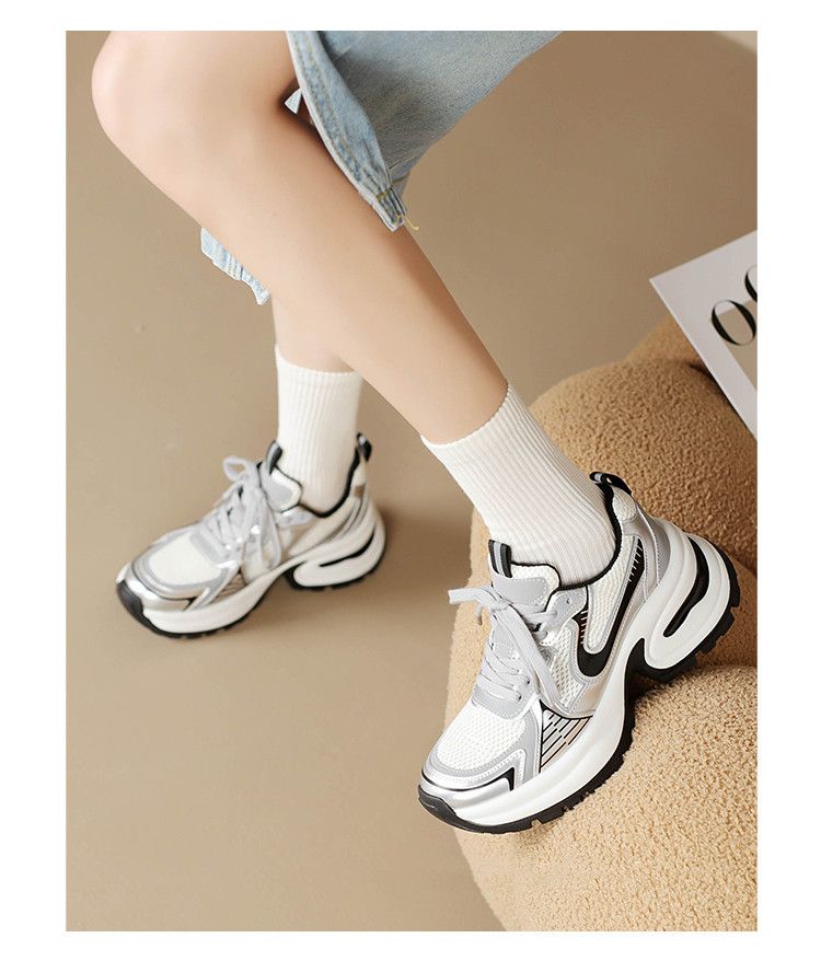 Thick Soled Dad Shoes For Women New Retro Street Style Height Enhancing Silver Same Style Casual Sports Shoes_voghion.com