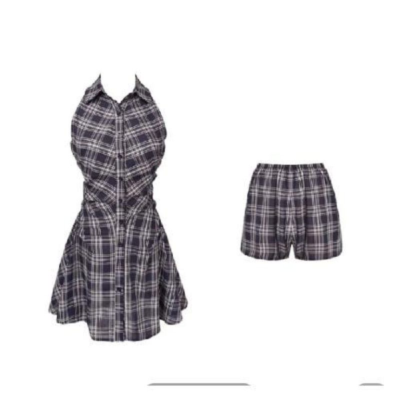Französischer Nischen-Polokragen, ärmelloser V-Ausschnitt, Slip, Sommer, neues taillenformendes, schlankmachendes Hemdkleid-Set für heiße Mädchen_voghion.com