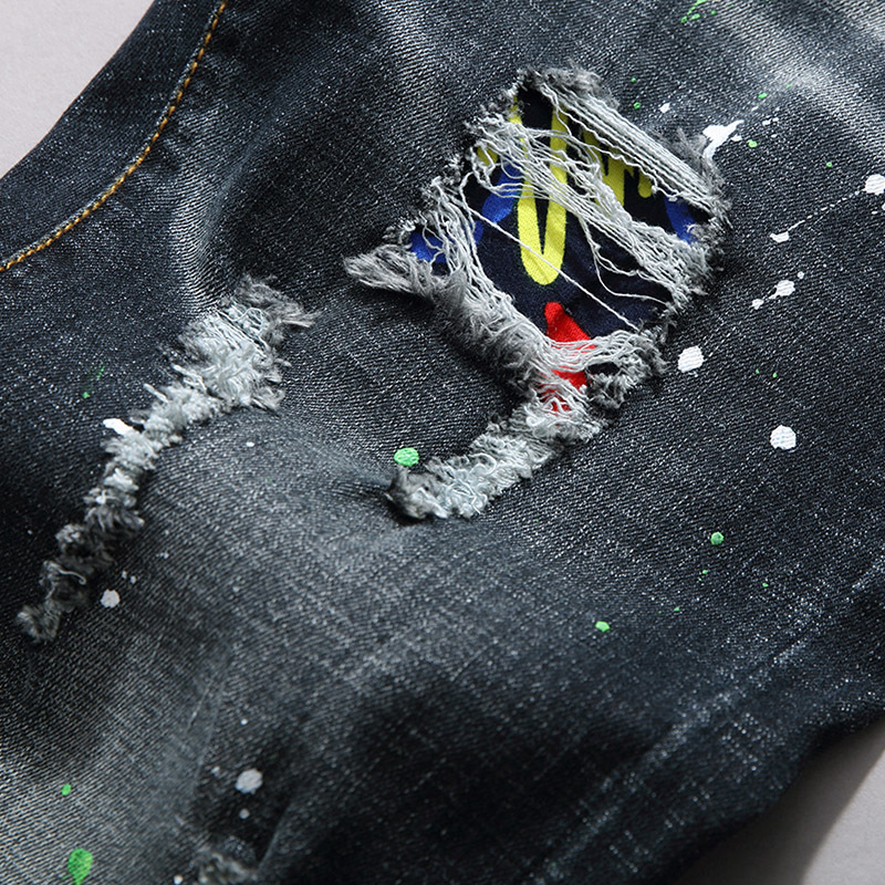 Men's Slim Fit Stretch Jeans – Distressed Embroidered Straight-Leg Denim Pants With Paint Splatter & Patchwork (28-38)_voghion.com