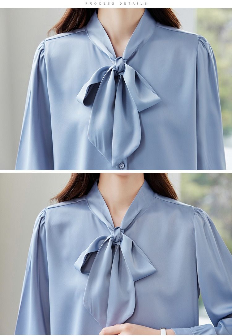 K New Bow Tie Design Women's Shirt; Minority Professional Style Satin Blouse With Sash_voghion.com
