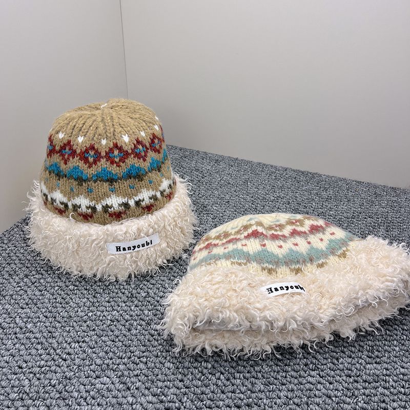 Cappello da pescatore in peluche jacquard patchwork per donna, fa sembrare il viso più piccolo, cappello lavorato a maglia spesso e caldo per autunno e inverno, alla moda._voghion.com