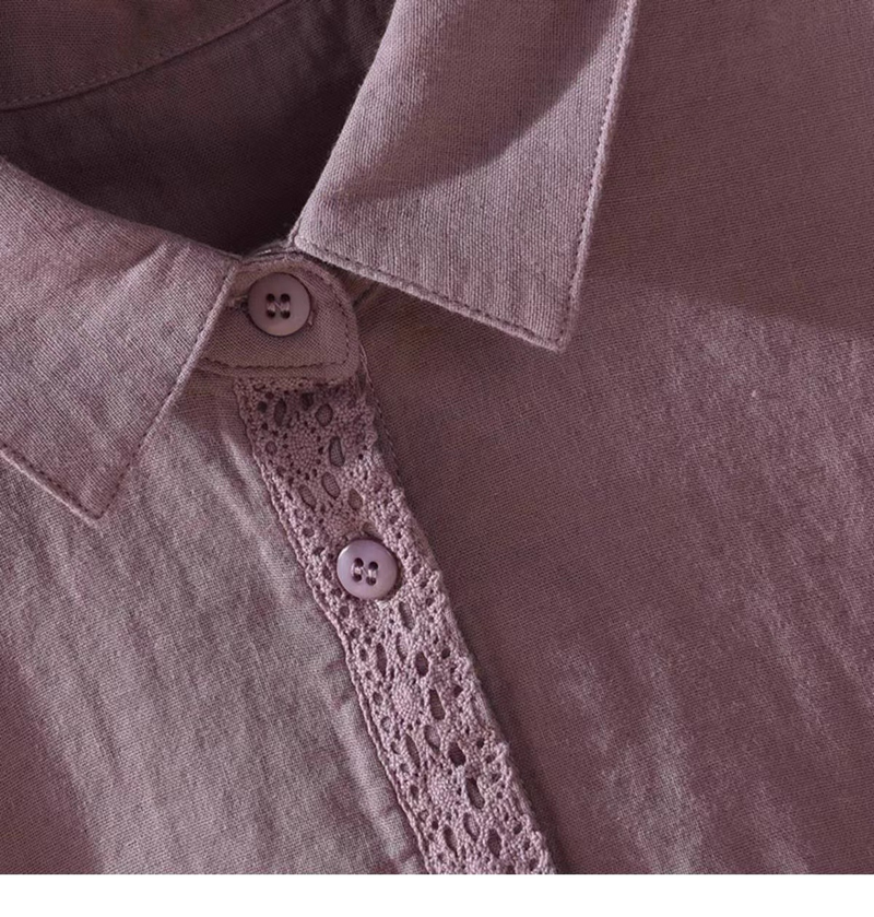 Camisa retro de algodón y cáñamo de color liso para mujer, primavera/verano 2024, nueva camisa holgada de manga larga con encaje y panel de encaje._voghion.com