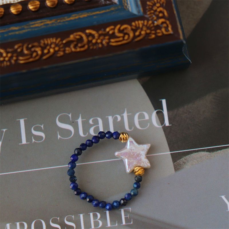 New Chinese Style Elastic Lapis Lazuli Ring Natural Star Pearl Agate Personality Trendy Women_voghion.com