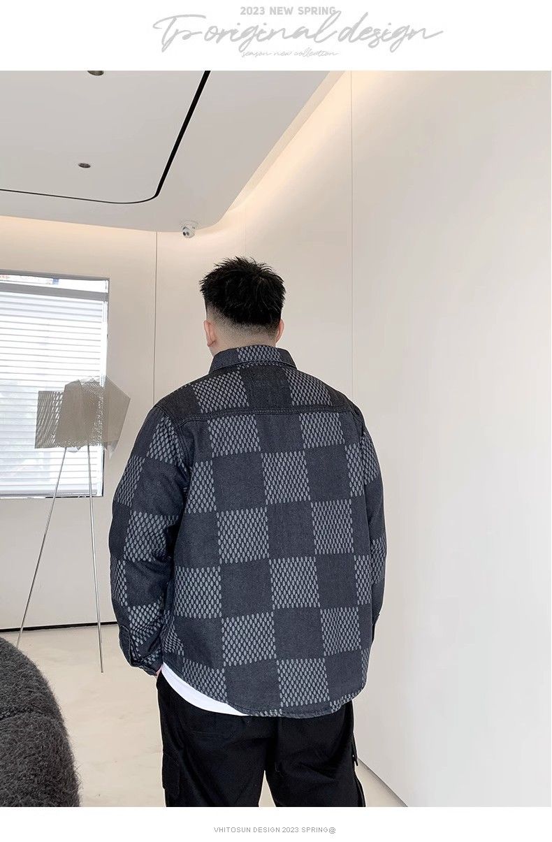 Herrenbekleidung Übergröße Schachbrett Langarmhemd Lockere Freizeit Vielseitige Arbeitskleidung Hemd Jeansjacke_voghion.com
