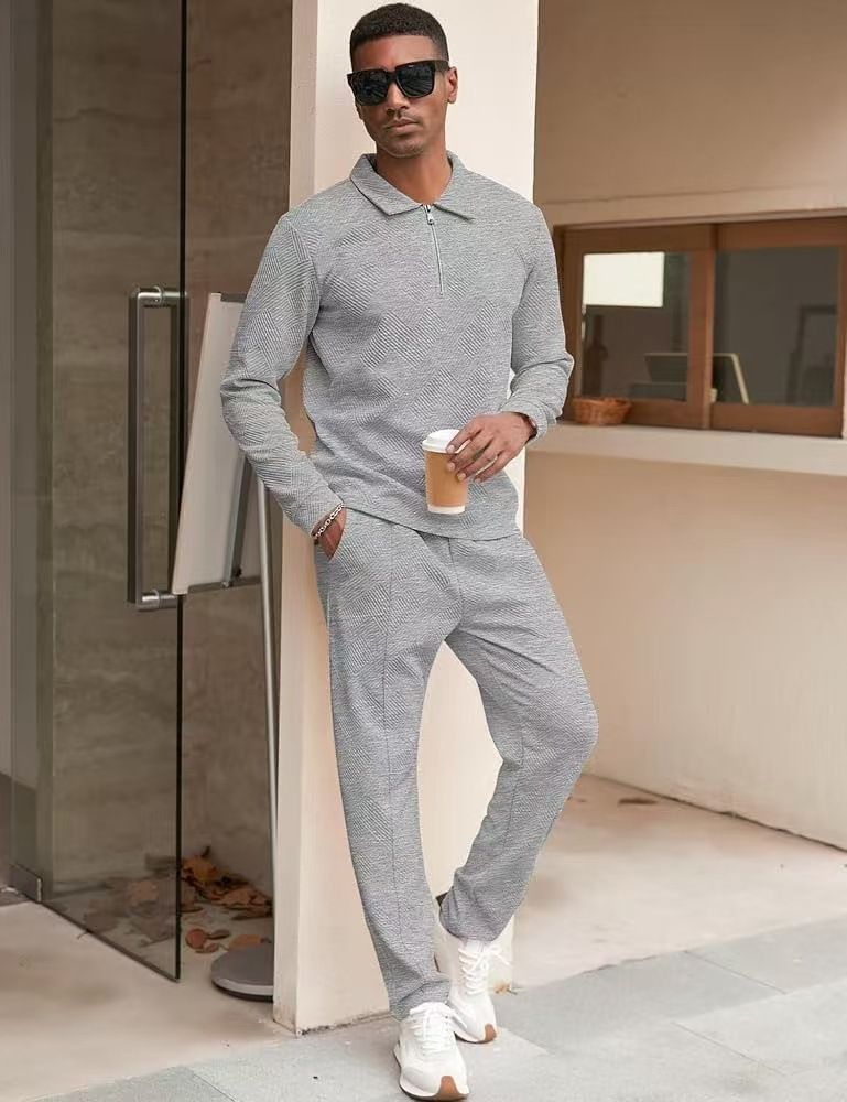 Herrenbekleidung Neue Herren-Jacquard-Langarmhosen Zweiteiler Mode Lässig Sport Einfarbig Anzug Herrenbekleidung_voghion.com