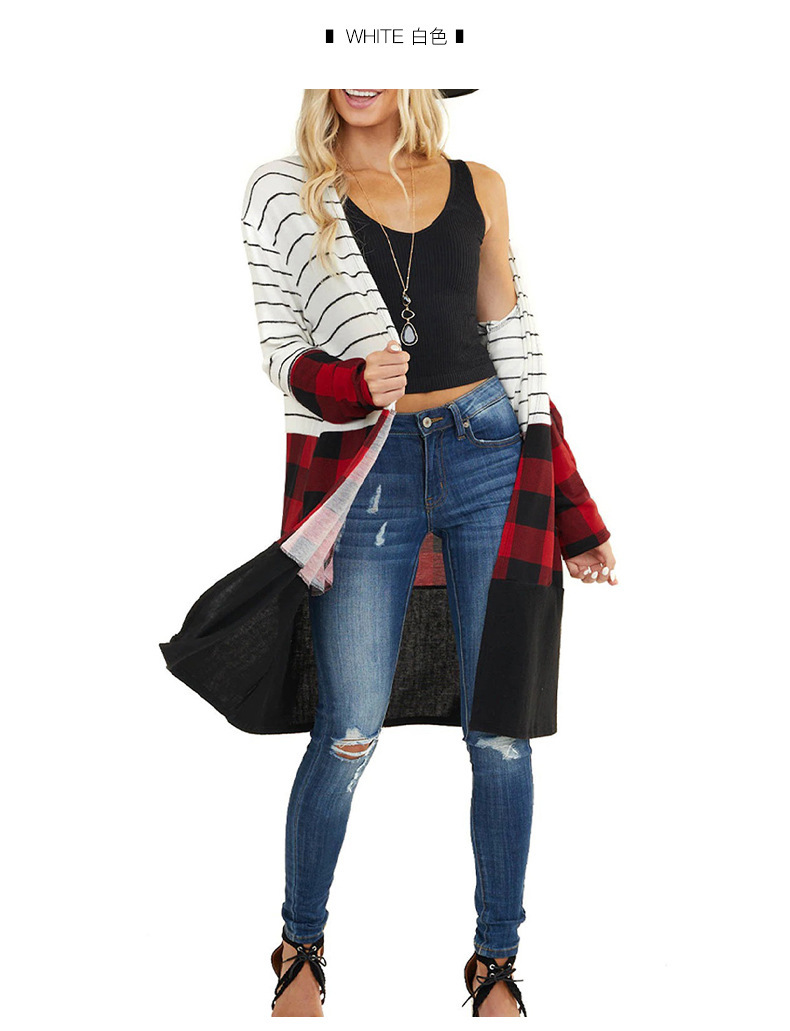 Women's Clothing Knitted Sweater Autumn and Winter New Stripes Contrast Color Splicing Plaid Casual Jacket_voghion.com