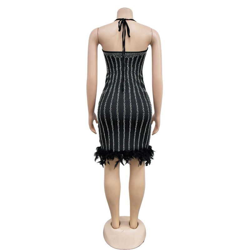 Women's solid color rhinestone mesh feather suspender skirt dress_voghion.com