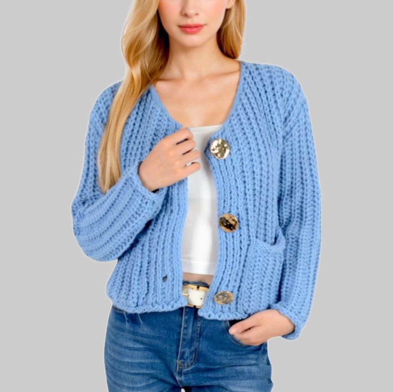 Women’s Chunky Knit Cardigan – Oversized V-Neck Button-Up Sweater (Red, Ivory, Navy, Army Green, Coffee, Black)_voghion.com
