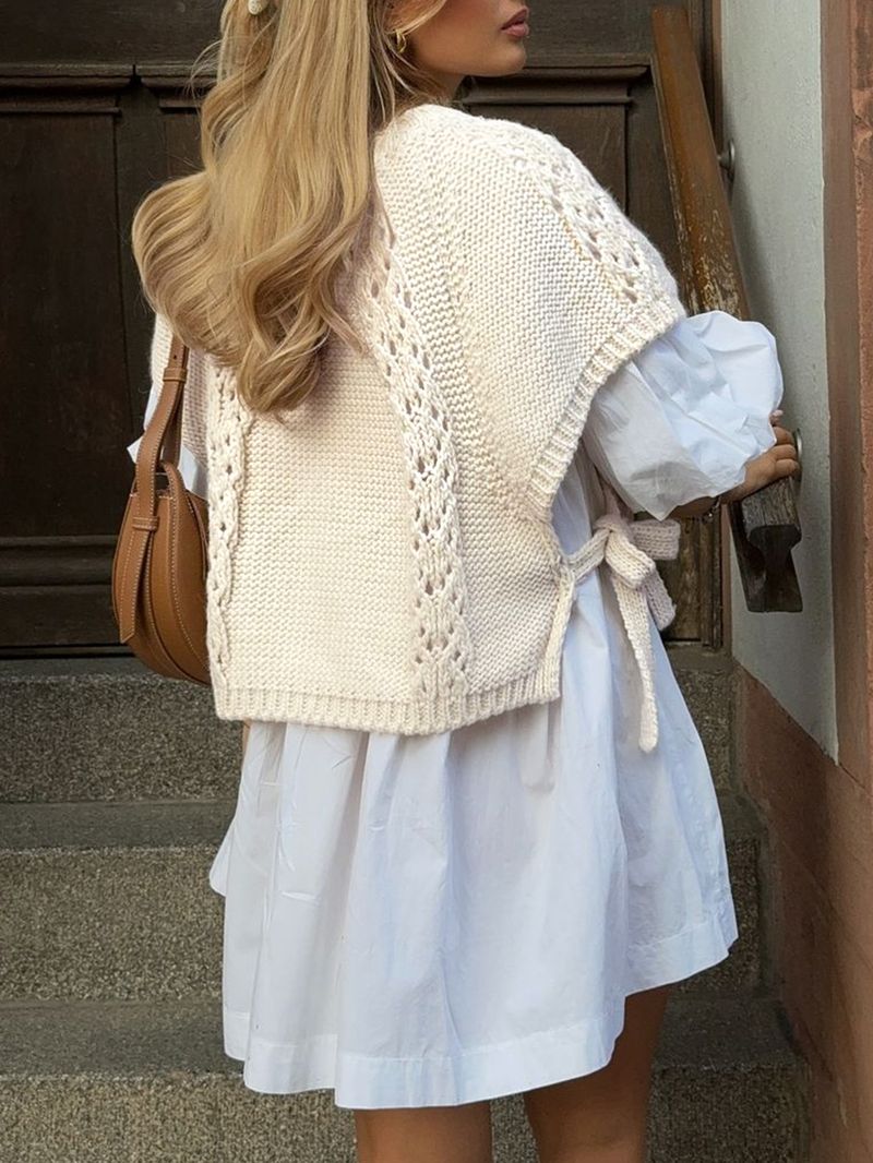 Damski sweter z dzianiny sznurowanej – oddychający sweter z krótkim rękawem szydełkowy w kolorze kremowo-białym do stylizacji boho i casualowych_voghion.com