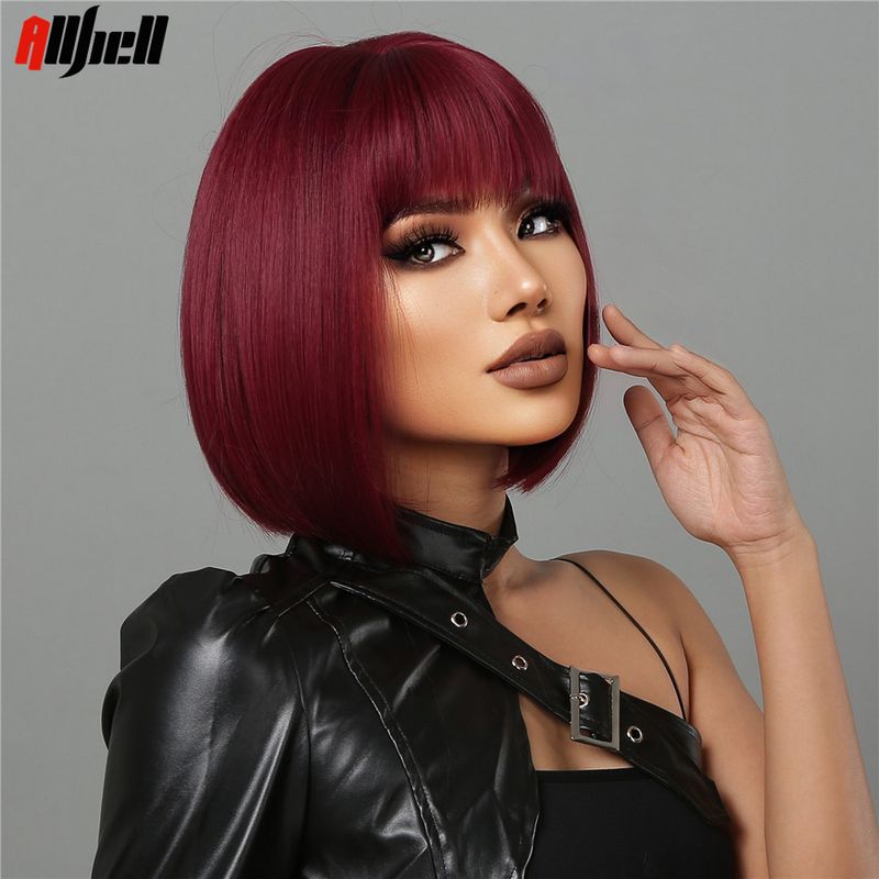 vendita calda vino rosso bob capelli cosplay halloween parrucche naturali sintetiche per le donne parrucca corta diritta con frangia ad alta temperatura_voghion.com