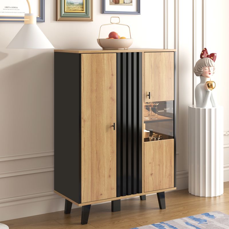 Buffet avec éclairage LED et verre, armoire en stratifié beige avec finition noire et bois, design unique à rayures noires_voghion.com