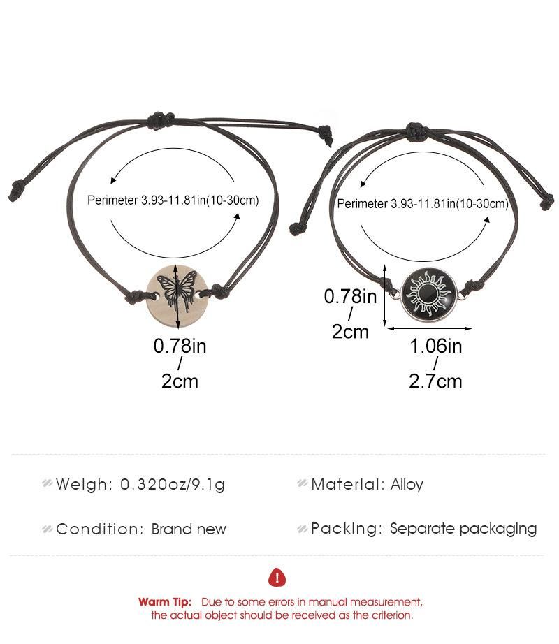 2Pcs Romantic Couple Butterfly Sun Moon Lovers Charm Adjustable Glow In The Dark Woven Bracelet_voghion.com