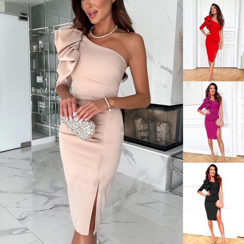 Rochie de damă cu o singură mânecă și crăpătură, slim fit, fustă MIDI_voghion.com