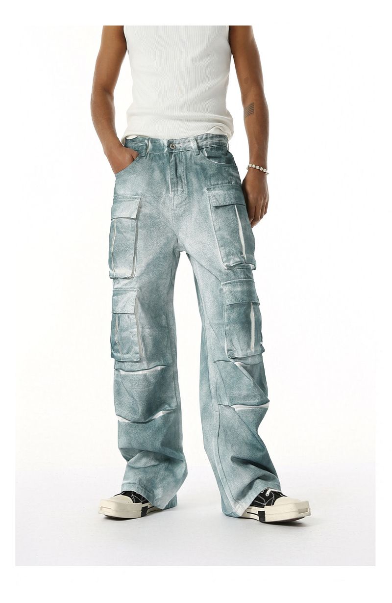 EF JEANS | 2025 Spring New Niche Heavy Industry Gradual Change Spray Color Do Old Multi Pocket Wide Leg Cargo Pants Tide_voghion.com