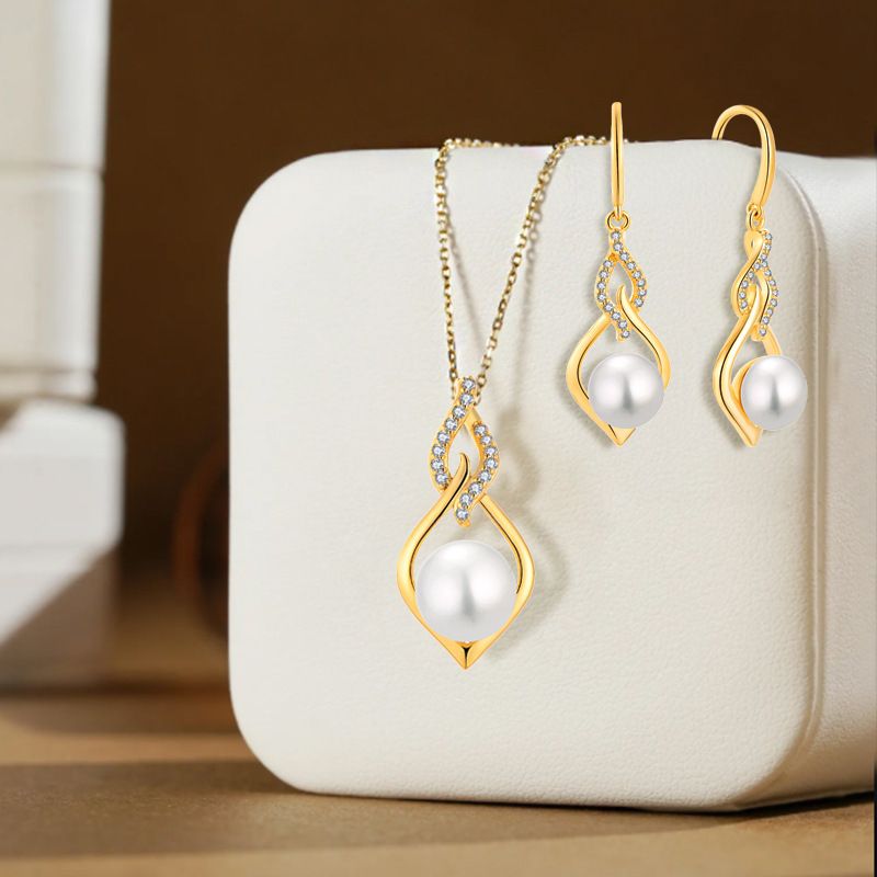 Ensemble de boucles d'oreilles et collier géométriques en perles d'eau douce pour femme, bijoux légers en argent sterling et chaîne de clavicule tendance_voghion.com