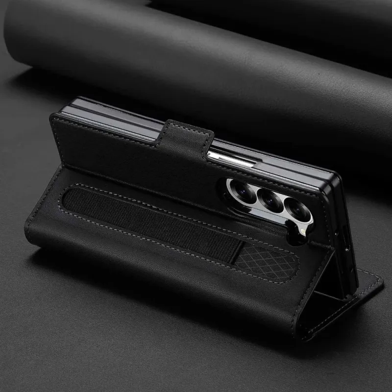 Capa de couro empresarial com suporte para caneta e compartimento para cartões para Samsung Z Fold 6, 5, 4, 3, 6, 5, 4 e 3, 5G_voghion.com