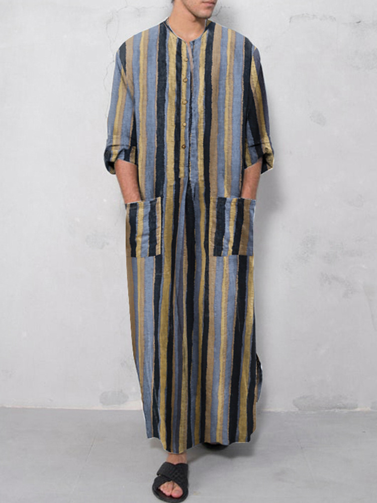 Muslim Robe New Style Men's Loose Door Stripe Long Sleeve Ready-Stock Ethnic Style Bodysuit_voghion.com