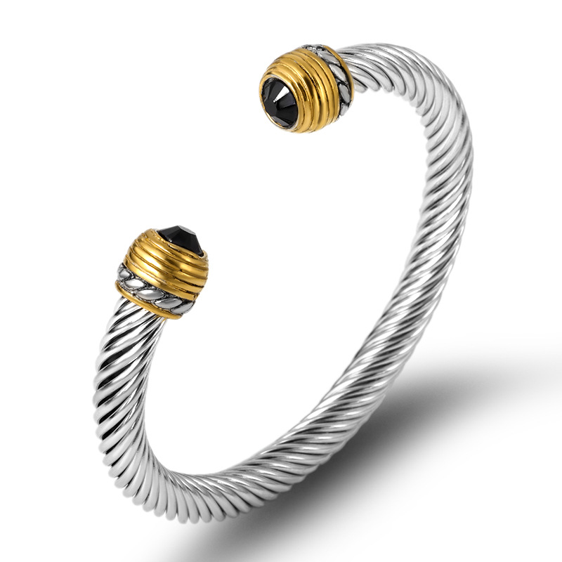 2PCS Hot selling titanium twisted room gold stainless steel wire rope cable bracelet,_voghion.com