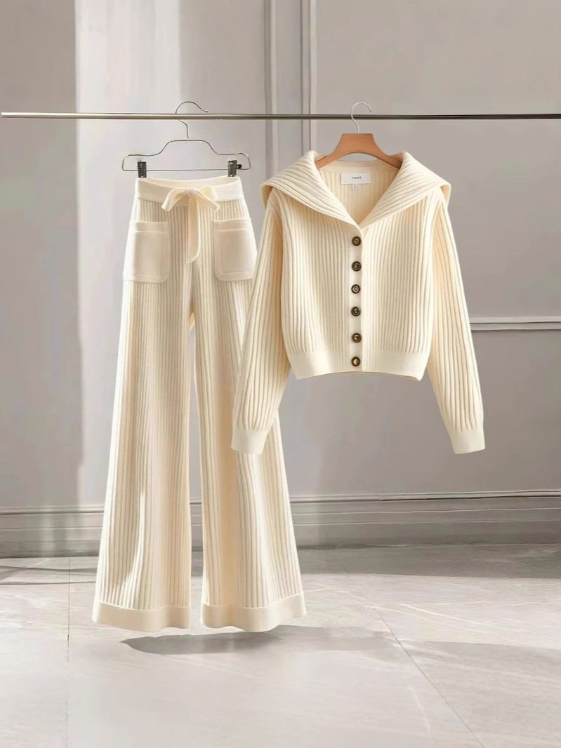 Dameskleding Elegante lente gebreide set Zachte en stijlvolle high-waist broek met bijpassende gebreide top, casual en comfortabele outfit voor dagelijks gebruik_voghion.com