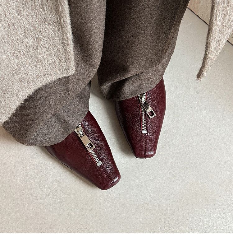 European And American Style Niche Design Front Zipper French Square Toe Shallow Mouth Chunky Heel Elegant Versatile_voghion.com