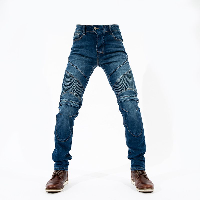 Pantaloni da motociclista in denim elasticizzato da uomo e da donna con protezione per le ginocchia - Jeans da motociclista antigraffio, vestibilità slim per tutte le stagioni (blu/nero)_voghion.com