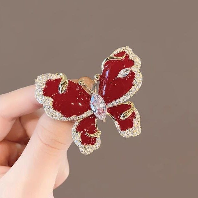 Literary Temperament Flash Diamond Red Butterfly Brooch High-end Women's Clothes Accessories Pin Brooch 2025 New_voghion.com