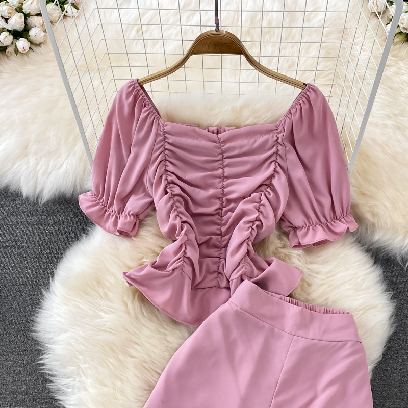 Pantalon décontracté pour femmes, taille haute, drapé, jambes larges, ensemble deux pièces, col carré, chemise courte et slim_voghion.com