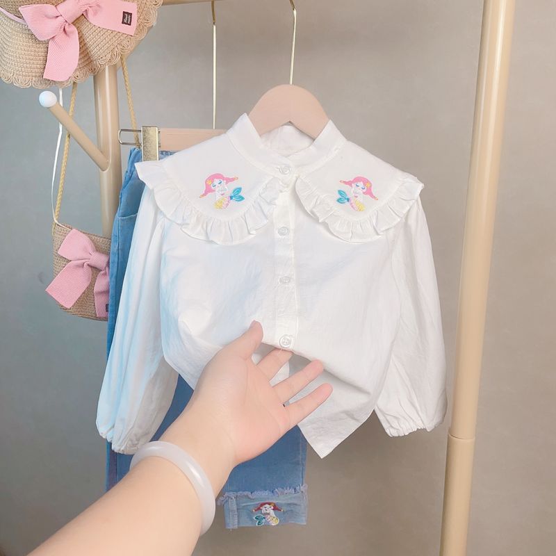 Abbigliamento per bambini, graziosa camicia con colletto ricamato per ragazze e abito a due pezzi in jeans_voghion.com