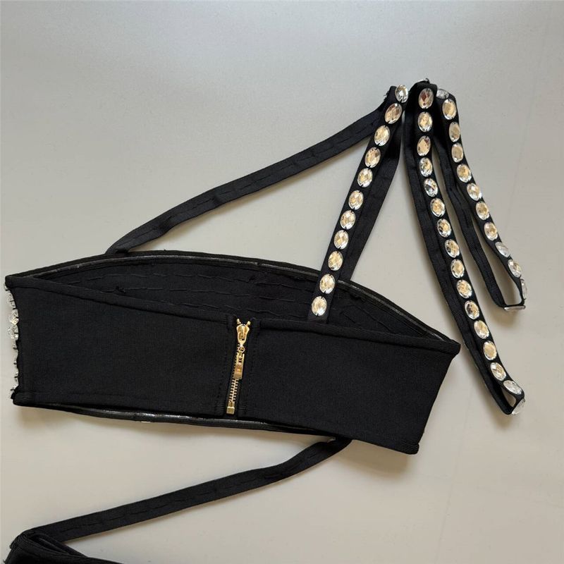 Abbigliamento da donna, nuovo set di gonna con fasciatura in strass, abito da festa alla moda, due pezzi, top e gonna lunga con fasciatura_voghion.com