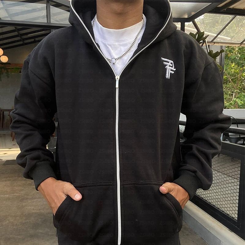 Felpa con cappuccio unisex retrò con zip e stampa di lettere - Giacca casual streetwear per uomo e donna (nero, S/M/L/XL)_voghion.com