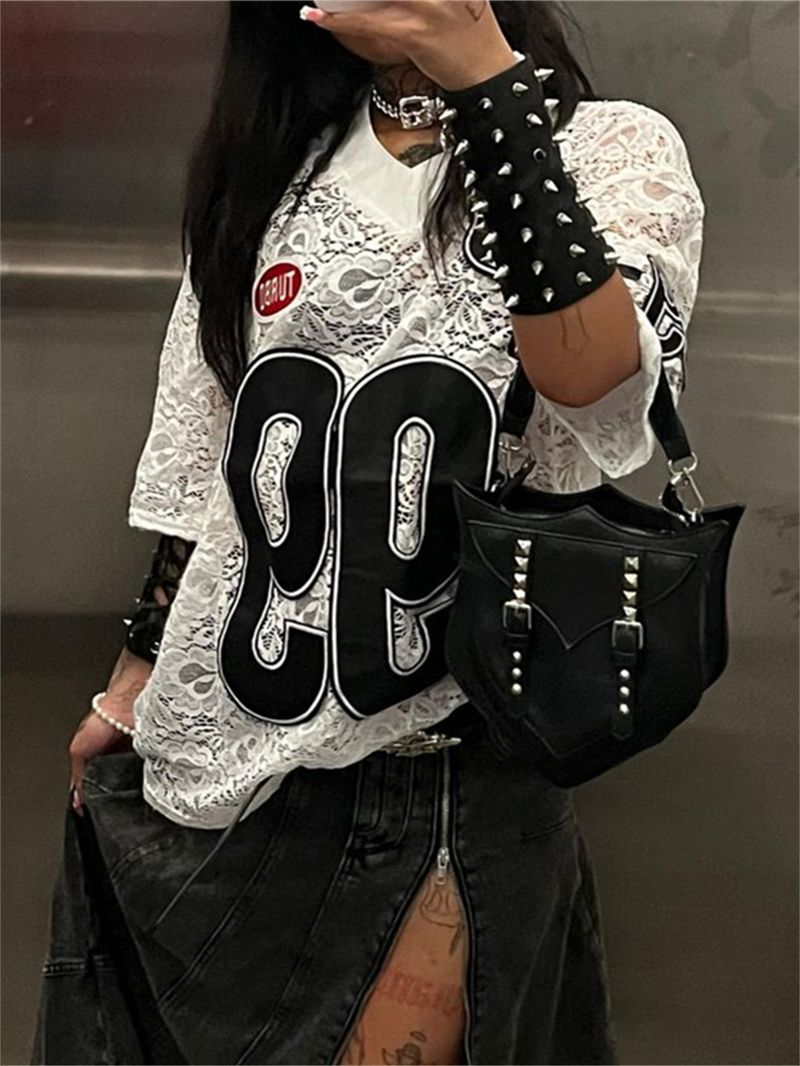 New European And American Cross Border Foreign Trade Fashion Loose V Neck Casual Short Sleeved Sports Style Lace T Shirt Contrast Color Printing Top_voghion.com