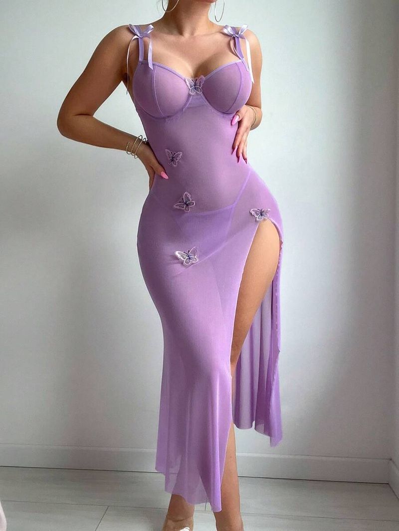 New Sexy Sheer Strap High-Slit Long Dress With Butterfly And Floral Lingerie Set_voghion.com