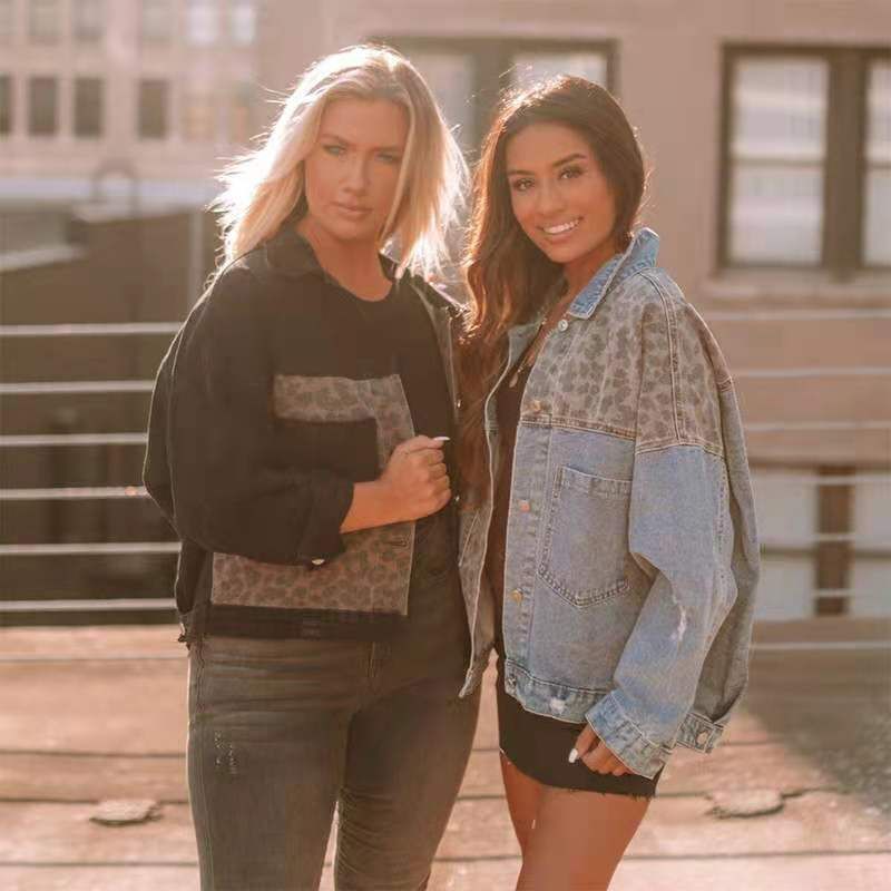 Damenbekleidung Jeansjacke Damen Langarm Jeansjacke Mantel Damen Leopardenmuster Nähte_voghion.com