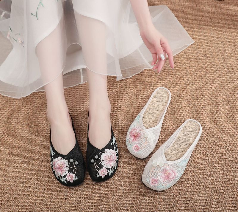 Solette in rete di lino, pantofole piatte ricamate, scarpe da donna 2025, sandali_voghion.com