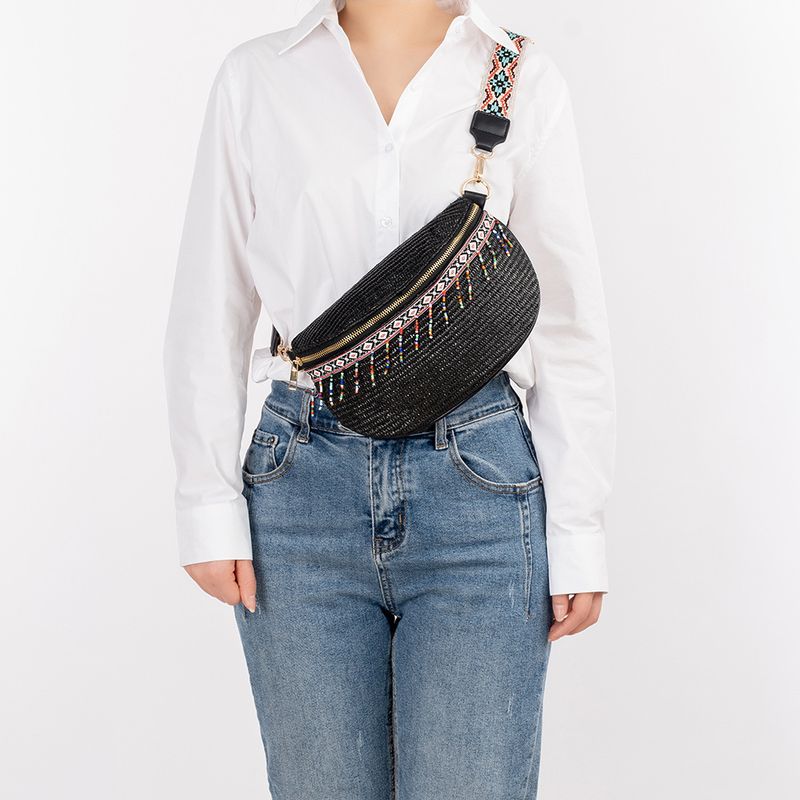 Bolsa feminina versátil de palha PP trançada com zíper para férias estilo étnico ENSPT_voghion.com