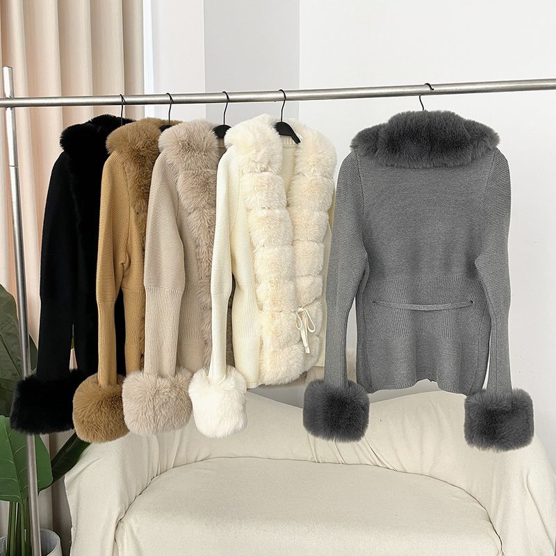 Damenbekleidung Herbst und Winter Strickpullover Pelz Knopfleiste Manschetten Abnehmbarer Strickpullover_voghion.com