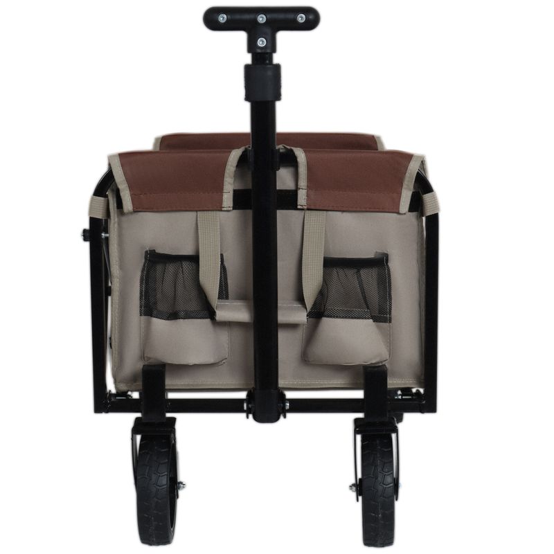 All-in-One Convertible Folding Camping Wagon Cart: Bench Seat, Storage Compartment & Included Dog Tether, Beige/Brown_voghion.com