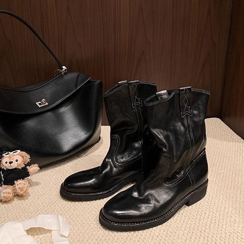 Genuine Leather Round-Toe Chunky Heel 2025 Fall/Winter New Women's Martin Boot_voghion.com