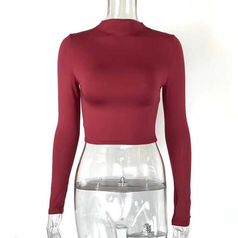 Maglietta da donna a tinta unita sexy attillata senza collo a maniche lunghe con collo a mezza altezza_voghion.com