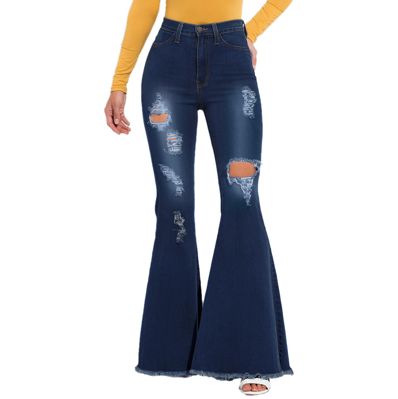 Modische Damenbekleidung mit weitem Bein, ausgewaschener, zerrissener Denim-Stretch-Schlaghose_voghion.com